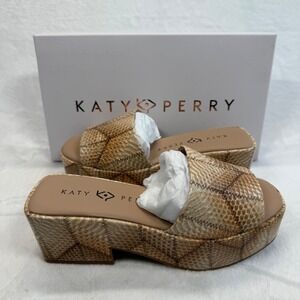 Katy‎ Perry Platform Sandals Slides Tan Multi Snake Print The Busy Bee 6.5